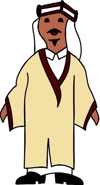 The image shows a cartoon of an Arab man wearing traditional clothing with red accents standing next to another figure that appears to be in shadow; both figures have exaggerated facial features such as large eyes and noses, which is common for clip-art style illustrations.