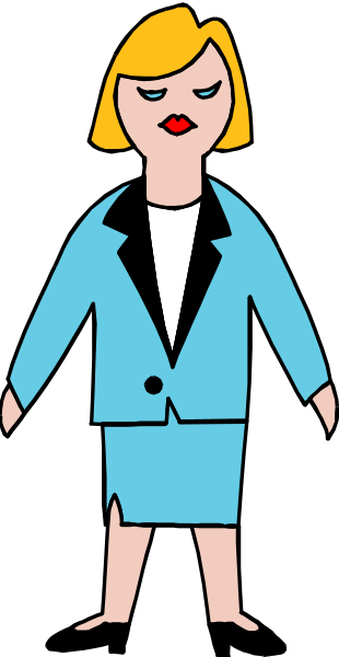 The image shows a cartoon of an animated female character dressed as a businesswoman standing next to what appears to be her shadow in front of a black background with white stripes on either side.