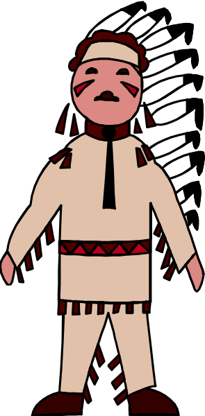 The image shows a cartoon of an indigenous person wearing traditional clothing standing next to what appears to be a totem pole with animal figures on it against a black background.
