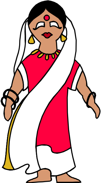 The image shows a cartoon of an Indian woman with red hair standing next to her white sari clad husband who is wearing traditional attire; both characters have yellow jewelry on their ears.