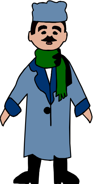 The image shows a cartoon of an old man with white hair wearing glasses standing next to him is another character who appears to be a young boy in blue clothing holding his hat under one arm while looking up at something off-camera, both characters have mustaches and smiles on their faces; the background consists of two stripes.