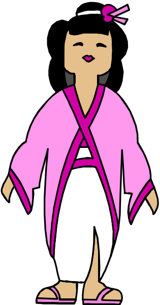 The image shows a cartoon of an animated character dressed as geisha with pink kimono standing against black background.