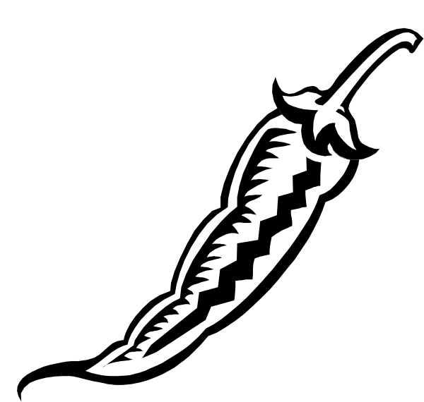 The black and white illustration shows a chili pepper with its stem pointing upwards against a dark background.