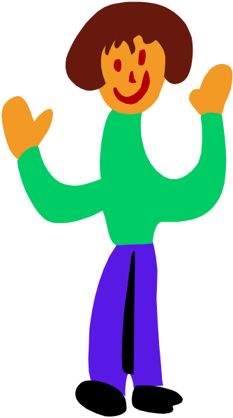 The image shows a colorful cartoon of an animated character standing against a gray background with their arms outstretched as if embracing someone or something off-screen.