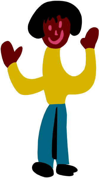 The image shows a cartoon of an animated character with red hair standing against a black background; it is drawn on top of what appears to be a striped pattern that could represent fabric or wallpaper.
