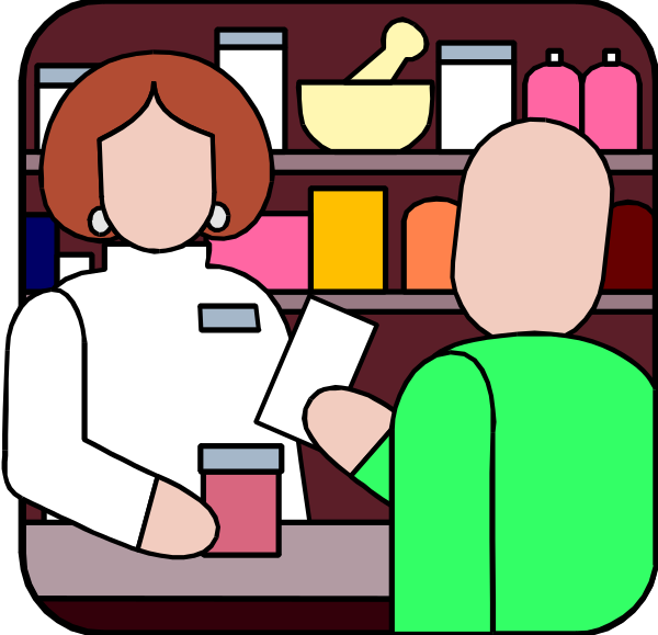 The image depicts a scene inside a pharmacy with two individuals present: an employee standing behind the counter holding papers and another customer in front of her who is handing over something to be processed at the cash register, which has items on it like bottles and bowls.