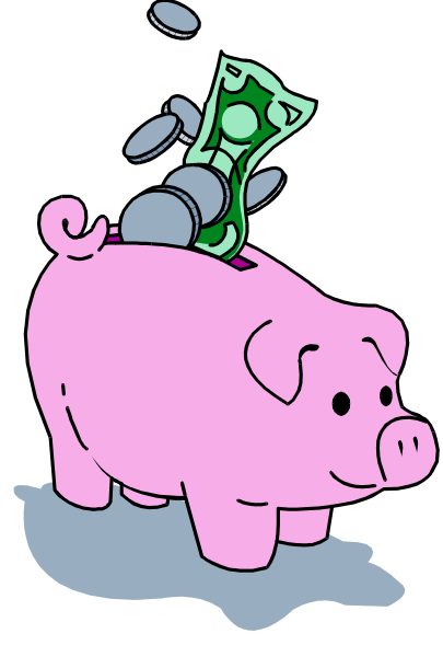 The cartoon shows a pig with money on its back riding through an unspecified environment while carrying coins above it as if being carried by them.