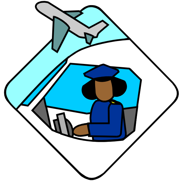 The illustration shows a cartoon of an airplane cockpit with two pilots: one at the controls on the left side and another seated in front of him to his right; both wear headsets for communication purposes, suggesting that this is likely from inside the aircraft during flight preparation or operation.