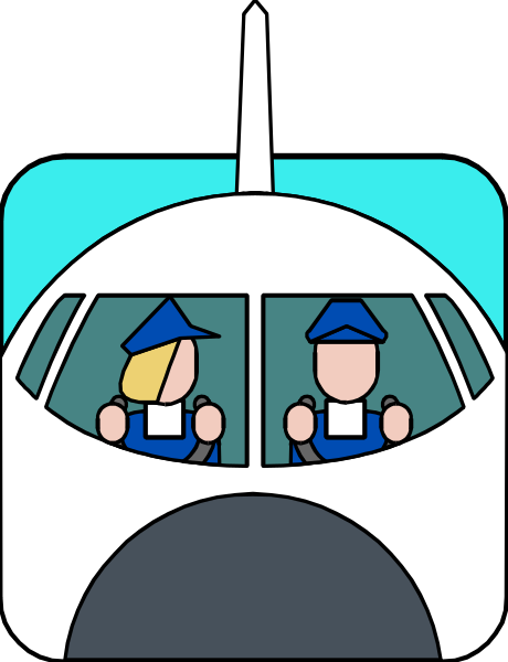 The illustration depicts a cartoon airplane with two windows showing passengers inside; there is an open door on the left side of the plane where one passenger appears to be seated in front while another stands behind, both facing forward and looking out through their respective window frames.
