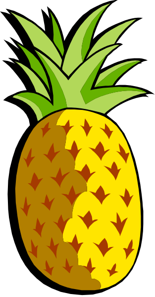 The image shows a pineapple with green leaves on top against a black background.