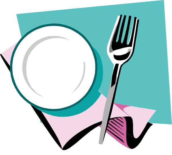 The image shows a stylized illustration of an empty plate with a fork on it against a blue background; there is also a small graphic in the corner that resembles a person's head wearing glasses, but no face features can be discerned due to its size and style.
