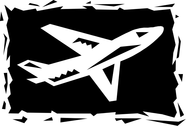 The image shows a black and white silhouette of an airplane with wings spread out against a dark background.