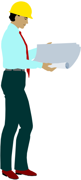 The image shows a cartoon of an adult male figure wearing a red tie standing next to blueprints with his back turned towards them while looking at something off-screen; he is holding what appears to be papers in one hand and pointing with another, suggesting that this could represent someone working on or reviewing architectural plans.