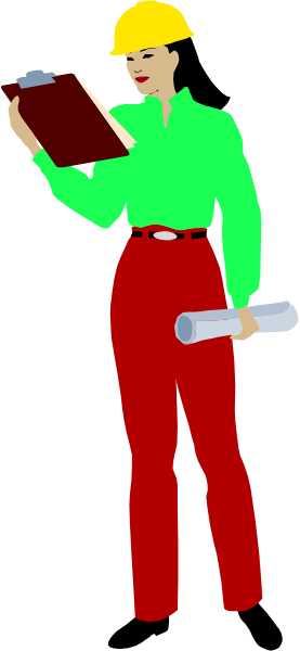 The illustration shows a person wearing red overalls standing next to blueprints with plans on them while holding what appears to be an architectural tool in their hand; this figure is depicted against a black background that has diagonal stripes, giving it a checkered appearance.