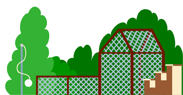 The image shows a pixelated scene of an outdoor area with trees around it featuring what appears to be a small house made from blocks in front of some foliage on the left side; there is also a fence and possibly another structure, but no people or animals can be discerned due to its low resolution.