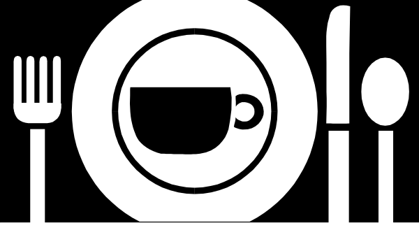 The black and white illustration shows a dining table set for two with utensils including fork, knife, spoon, cup of coffee symbolizing food service, and cutlery arranged neatly on either side; above it is an icon representing eating outdoors or picnic style.