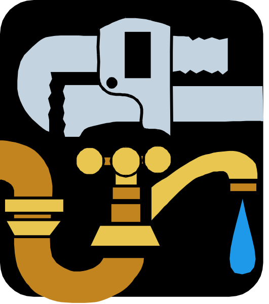 The image shows a collection of plumbing fixtures including pipes, faucets, wrenches, water droplets, and tools related to maintenance work in black-and-white with some color accents on objects like spanners and screwdrivers.