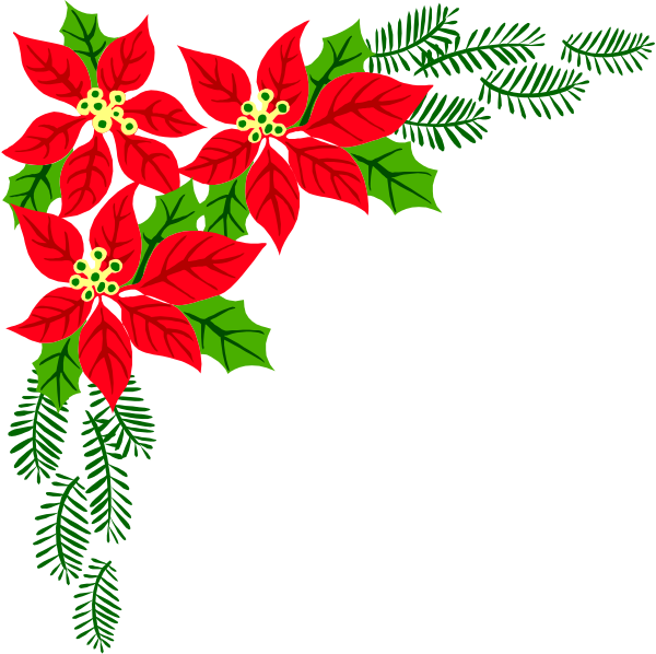 The image features a festive holiday decoration with red poinsettias on either side of green holly leaves against a black background.