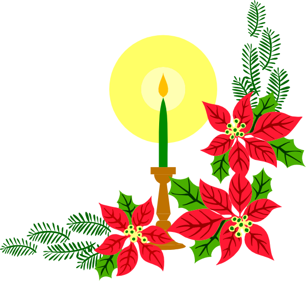The image features a candlelit lantern with poinsettias on either side of it against a dark background.