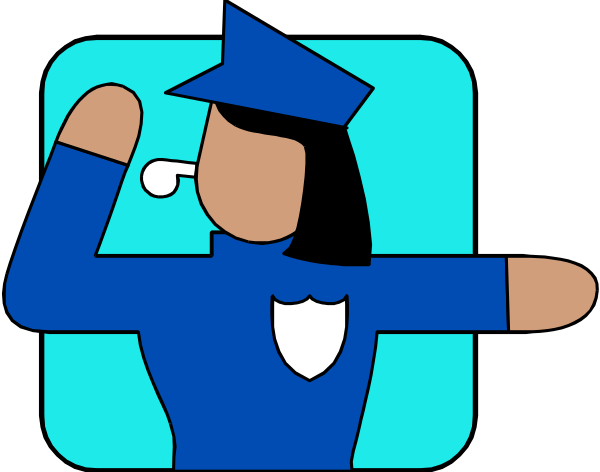 The image shows a cartoon of an officer with their hand on hip holding what appears to be a badge over another figure's head in front of a blue background that resembles a screen displaying information, possibly related to law enforcement or security services.