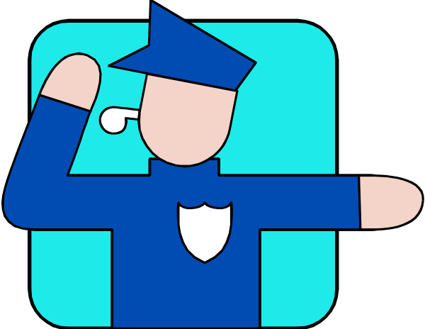 The illustration shows a stylized cartoon character of an officer pointing with their right hand towards something off-frame while holding what appears to be a badge in their left hand against a blue background that resembles a digital interface, possibly representing law enforcement or security services within the context of technology.