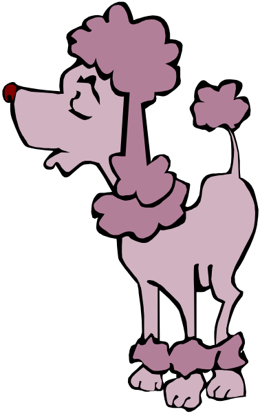 The image shows a cartoon dog with pink hair standing on its hind legs against a black background.