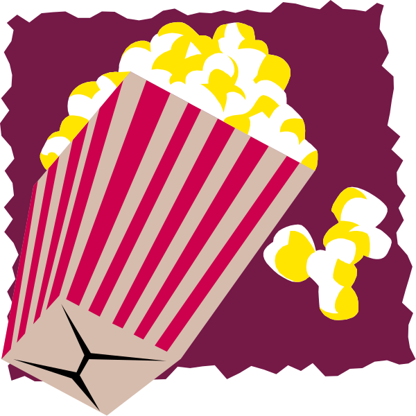The image shows a cartoon of two popcorn buckets with red stripes on them filled to overflowing points; one bucket is in front while another appears behind it against an unseen background.