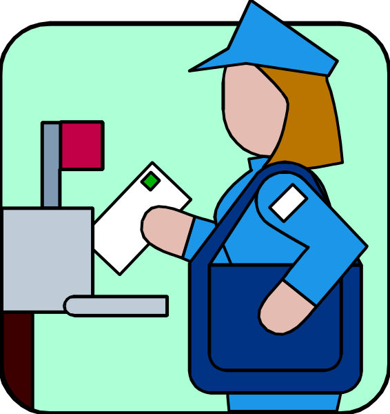 The illustration depicts a woman standing at an ATM machine with her hand on it while holding what appears to be a card in front of the screen; she is wearing blue clothing including pants and shoes, has short hair, and carries a black bag over one shoulder.