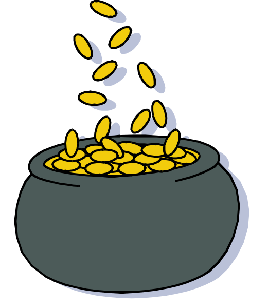 The illustration shows a black cauldron filled with gold coins being poured out into an overflowing state by yellow hands from above.