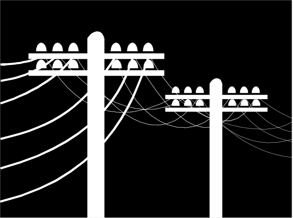The image shows two distinct scenes: on top, a black and white illustration of an electrical tower with multiple levels; below it is another scene in color depicting what appears to be a desert landscape at nighttime under a starry sky, featuring silhouettes of cacti against the horizon.