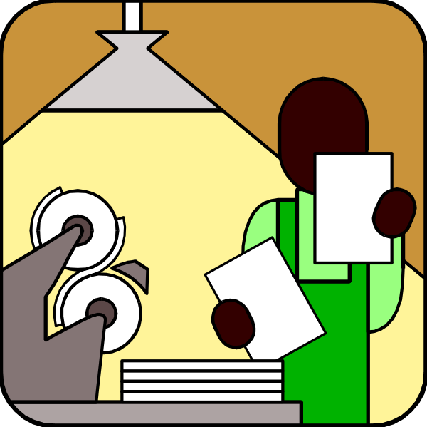 The black and white line drawing shows a simple representation of an office printer with paper coming out from its top right corner onto what appears to be a desk below it in front of which there is no visible person or animal, suggesting that this image focuses on depicting objects rather than actions or settings.