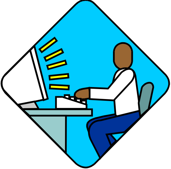 The image shows a cartoon of an office worker sitting at their desk with computer equipment around them; there is also a small icon in the corner showing someone using a laptop while standing up next to another person who appears to be typing on it, and above this scene is a speech bubble containing text that reads "Wi-Fi."