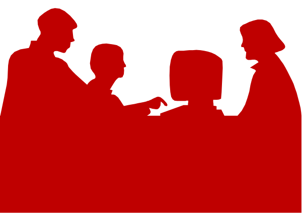The image shows a group of four silhouetted figures sitting around what appears to be an oval table with two individuals facing each other on either side; one figure is holding up their hand as if speaking, and all appear engaged in conversation within a red-toned background that suggests the setting might represent a meeting or discussion.