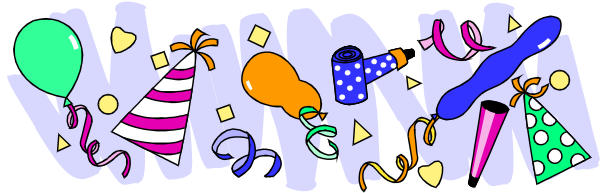 The image shows a birthday celebration with confetti, balloons, party hats, candles on cake, and "Happy Birthday" written in colorful letters at top of photo.