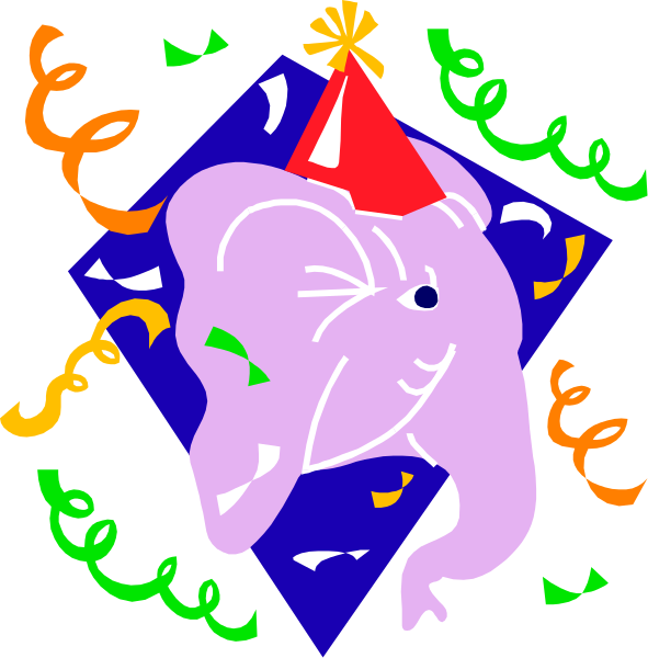 The image shows a cartoon elephant wearing party accessories such as a birthday hat with candles on it, surrounded by confetti in various shapes like stars and hearts, all set against a dark background that resembles night sky filled with colorful balloons.