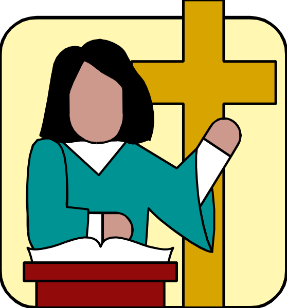 The image shows a stylized illustration of an adult female figure standing at a pulpit with her hands clasped together in front of her chest as if she is preaching or speaking to someone. She appears to be wearing religious attire, possibly clergy clothing such as a robe and stole. To the right side of this central character stands a large cross on an easel against a light background that resembles paper with creases at its edges. The overall style suggests it is meant for use in Christian contexts or materials related to religious themes.