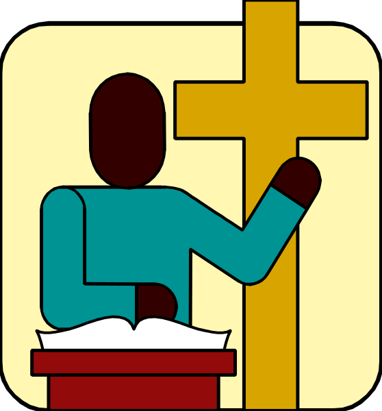 The image shows a stylized illustration of an adult figure standing next to a cross with their hand on it while looking at something off-frame; below them is what appears to be a book open in front, and there's another smaller depiction of a person sitting behind the main one.