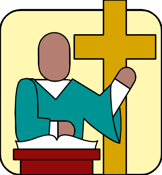 The image shows a cartoon of an adult figure standing next to a cross with their hand raised as if pointing at it while holding what appears to be a book open in front of them.