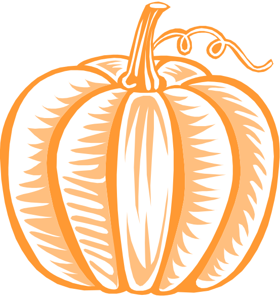 The image shows a cartoon pumpkin with an orange stem on top of it against a white background.