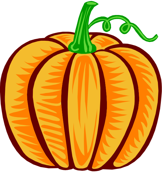 The image shows a cartoon pumpkin with green stem and leaves on top against an orange background that resembles autumn foliage; it is stylized in a simple line drawing manner without shading, giving it a flat appearance typical of clip-art illustrations used for decoration or educational purposes.