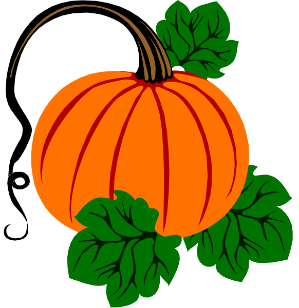 The image shows a cartoon pumpkin with green leaves on top against an orange background that resembles autumn foliage; there is no text present in this clip-art illustration.