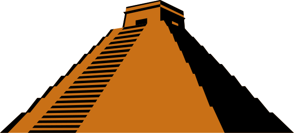 The image shows a pyramid with stairs leading up to it against an orange sky background.
