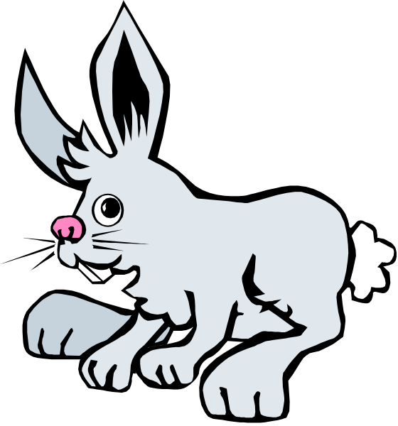 The image shows a cartoon rabbit sitting on its hind legs with an exaggerated smile next to what appears to be a carrot in front of it against a black background.