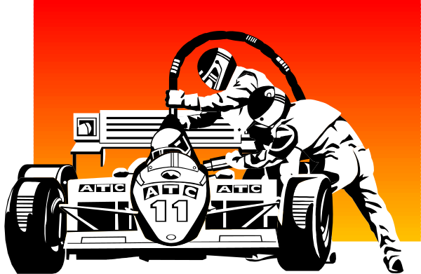 The image shows a black and white illustration of an animated character working on a race car with tools while another person watches from inside it.