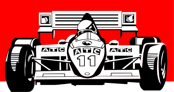 The black and white illustration shows a race car with number 1 on it parked next to another similar vehicle that is partially visible in front of them both. There's no text present within this image. This appears to be an artistic representation, possibly for decorative or informational purposes related to racing cars. It does not depict any people or animals and the setting seems abstract as there are no clear indications about location beyond what is directly visible in terms of vehicles.