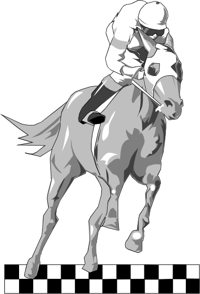 The black and white illustration shows a jockey riding on top of a horse that is standing next to checkered squares with lines forming an X pattern in each corner.