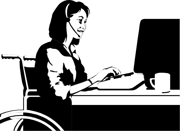 The black and white illustration shows a woman sitting at an office desk with her hands on top of it; she is wearing glasses and appears to be focused intently on something in front of her.
