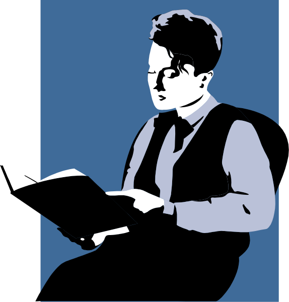 The image shows a person sitting down with their legs crossed while reading from an open book.