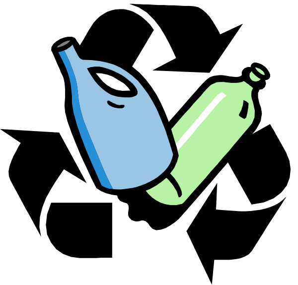 The image shows a cartoon of two bottles: on top there's an empty blue bottle with its cap off; below it is another green plastic container that appears to be full but has no lid visible in this view, set against a black background.