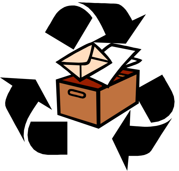 The image shows a cartoon of an open cardboard box with papers inside it on top of what appears to be a black surface against a white background.